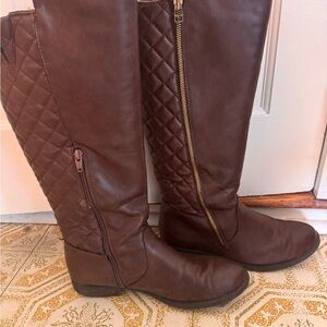 Brown Quilted Knee-High Boots